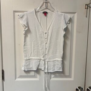 Vince Camuto White Button-Down Blouse with Ruffle Sleeves